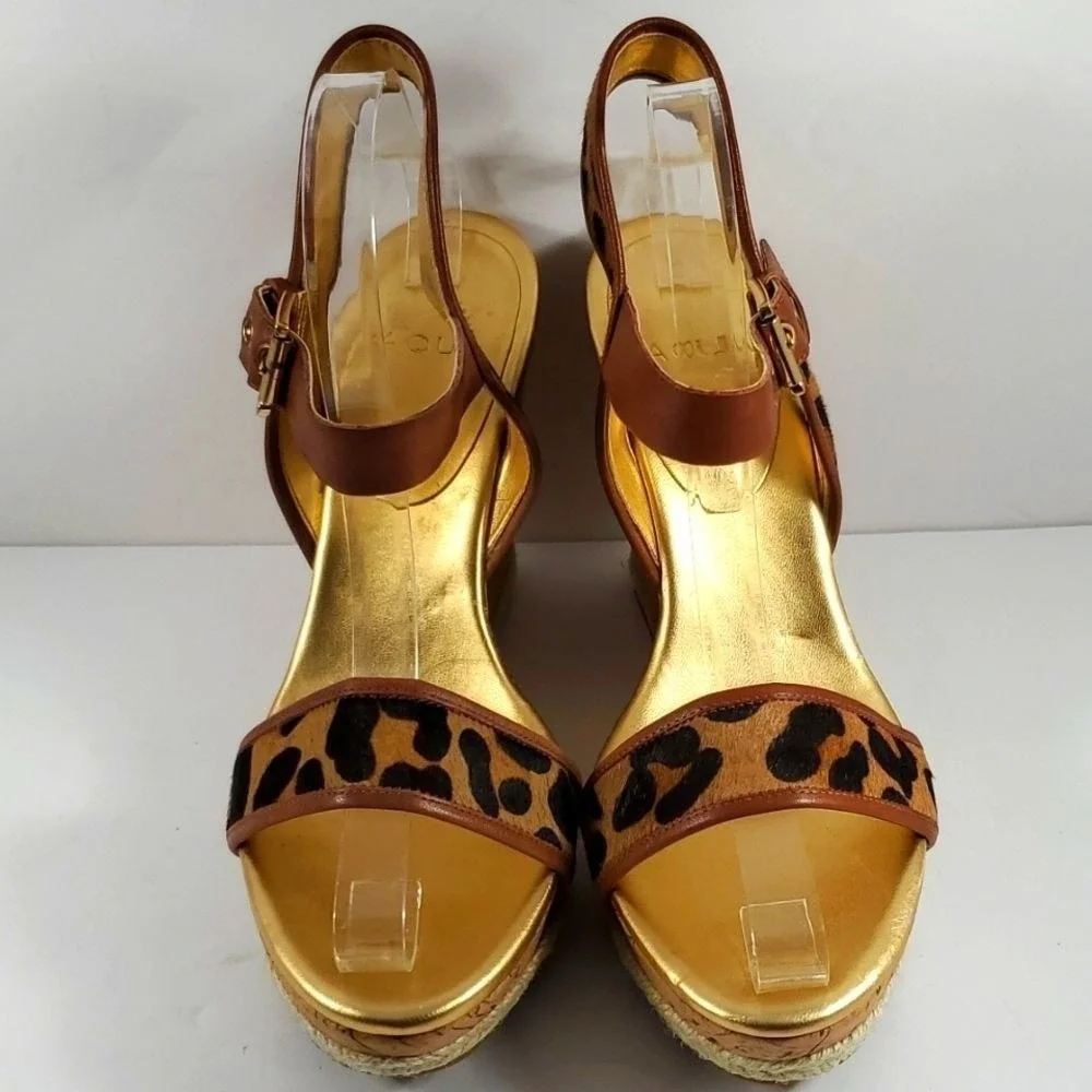 AQUA Women Leopard Print Calf Hair Cork Wedge‎ Sandals Gold Tan Brown Size 10M